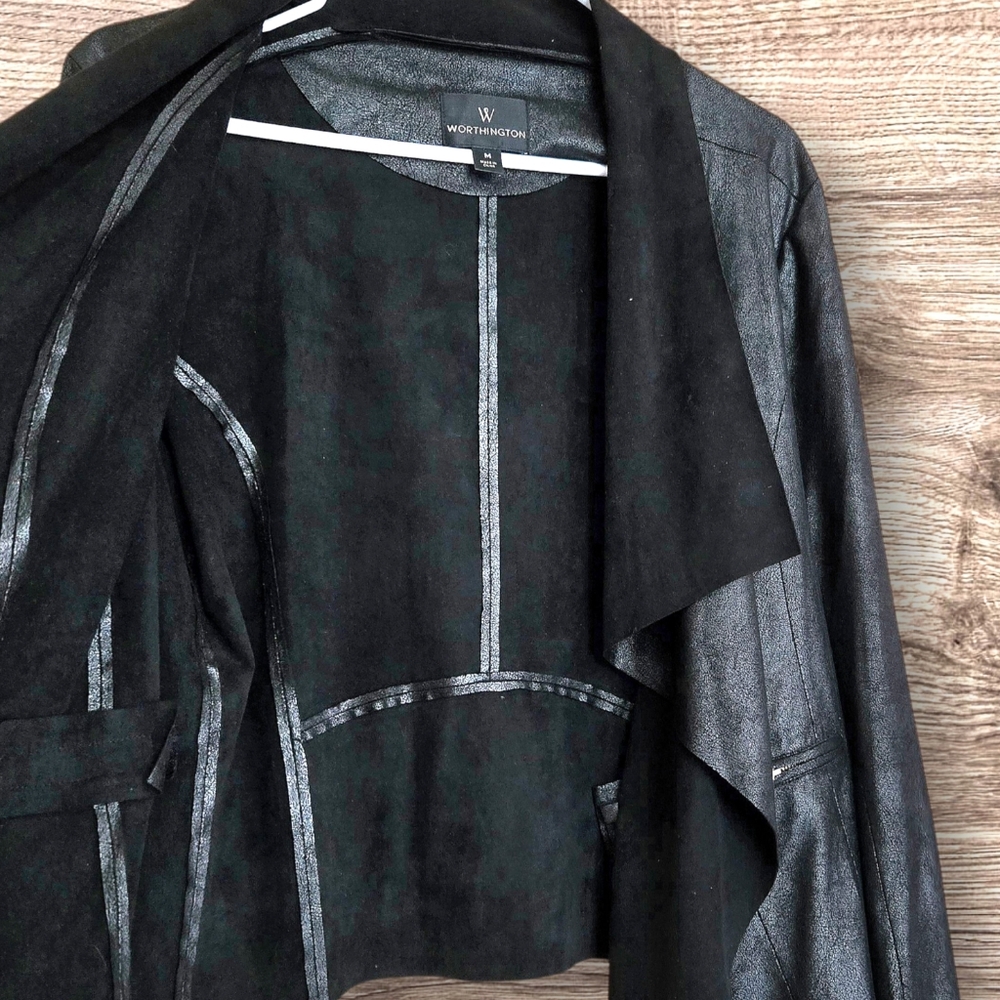 Worthington Open Black Faux Leather Jacket Zip Detail Goth Punk Lightweight /M - Picture 5 of 9